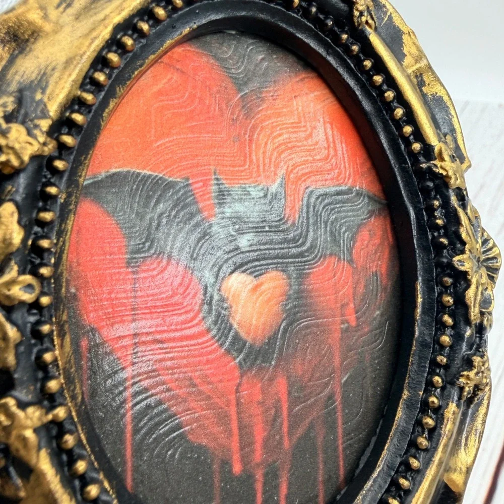 Gothic Bat Heart Art Print Distressed Gold Oval Frame Decoupage Tabletop Decor